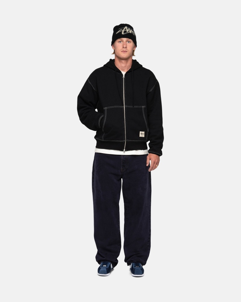 Felpa con Cappuccio Stussy Double Face Label Zip Nere | 94138-CWFR