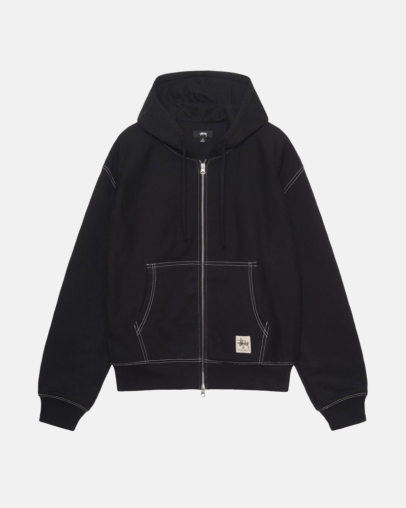 Felpa con Cappuccio Stussy Double Face Label Zip Nere | 94138-CWFR